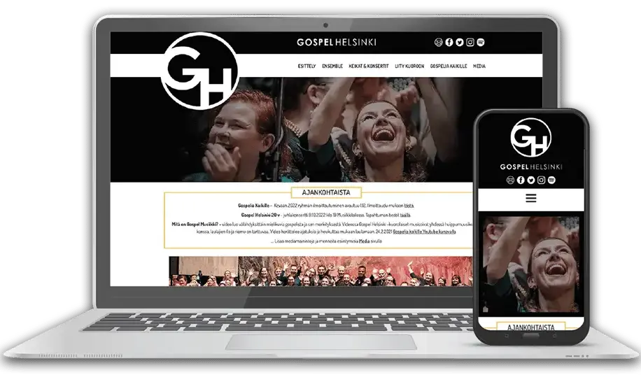 Esimerkkikuva responsiivisista kotisivuista, sivut läppärin ja puhelimen ruuduissa