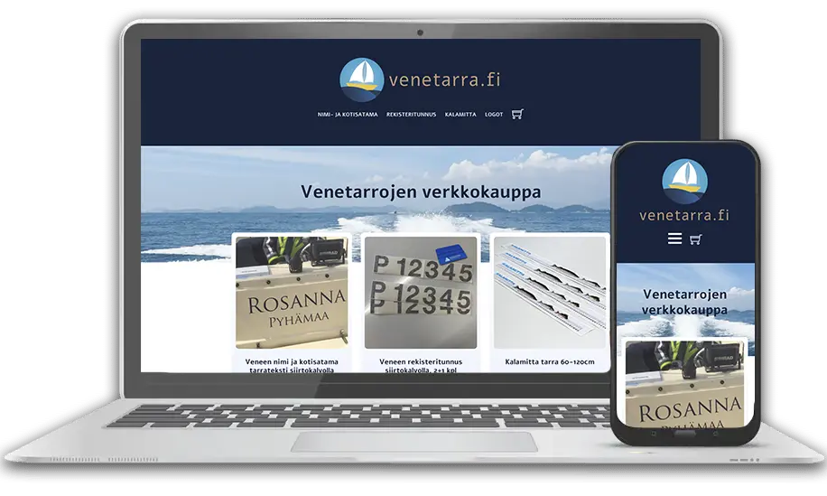 Esimerkkikuva responsiivisesta verkkokaupasta, sivut läppärin ja puhelimen ruuduissa